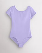 Lavender short-sleeve leotard for women with scoop neckline, low scoop back, fitted silhouette, and 4-way stretch fabric for ballet.