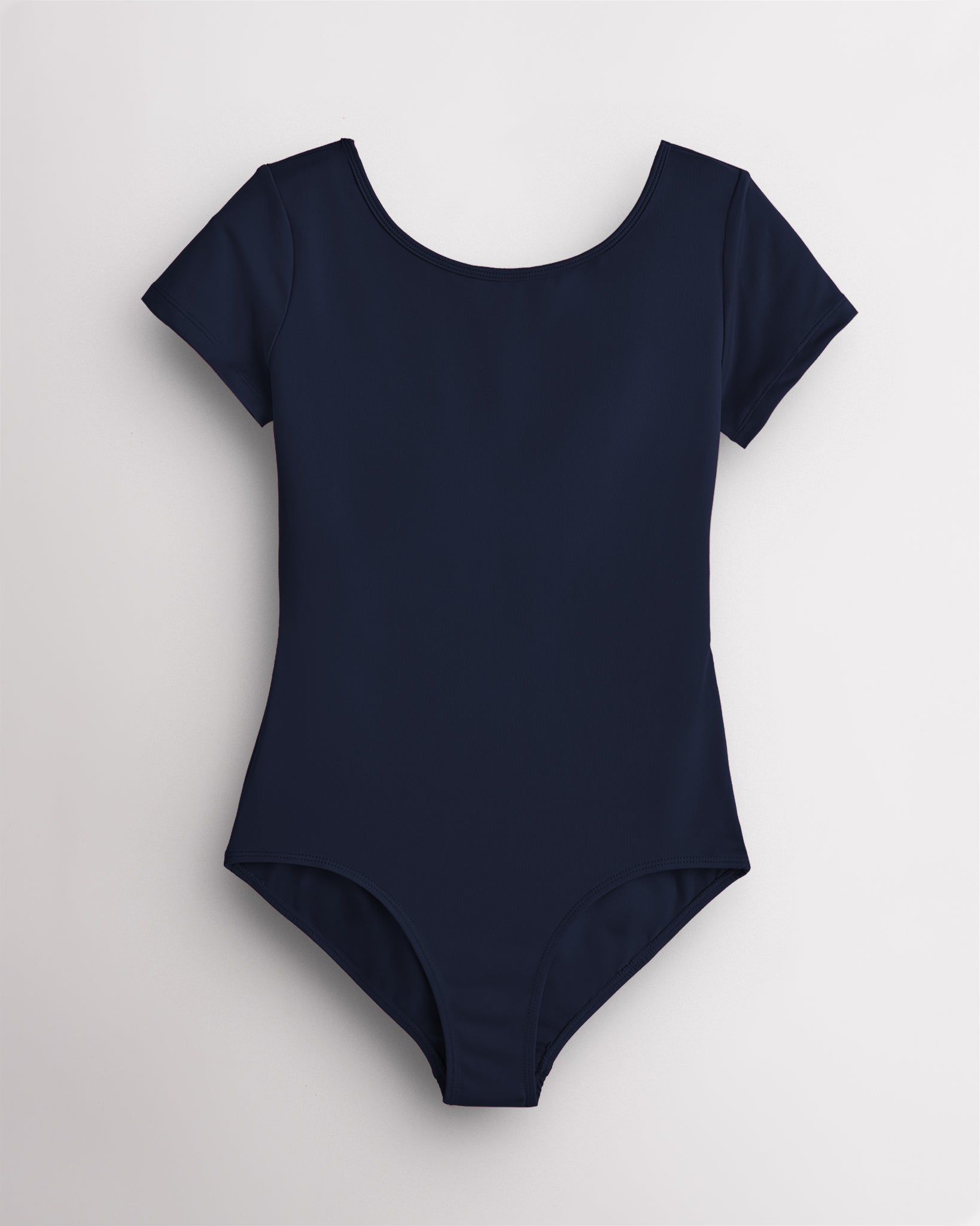 Navy short-sleeve leotard for women with scoop neckline, low scoop back, fitted silhouette, and 4-way stretch fabric for ballet.