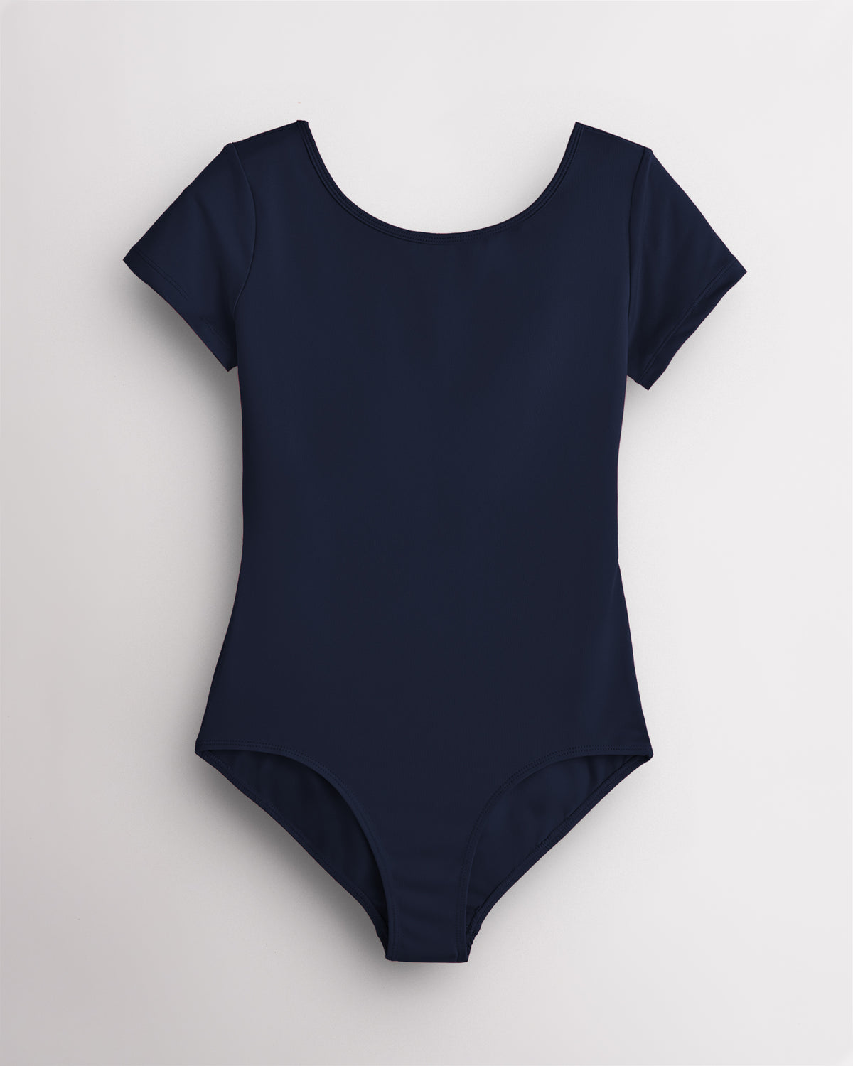 Navy short-sleeve leotard for women with scoop neckline, low scoop back, fitted silhouette, and 4-way stretch fabric for ballet.