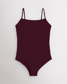 Cherry performance leotard for women with adjustable spaghetti straps, scoop neckline, supportive shelf lining, and a fitted silhouette for ballet and dance.