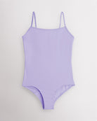 Lavender performance leotard for women with adjustable spaghetti straps, scoop neckline, supportive shelf lining, and a fitted silhouette for ballet and dance.