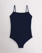 Navy performance leotard for women with adjustable spaghetti straps, scoop neckline, supportive shelf lining, and a fitted silhouette for ballet and dance.