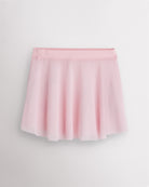 Ballet pink Stelle womens mesh dance skirt with elastic pull-on waistband, flared silhouette, and slightly longer back hem.