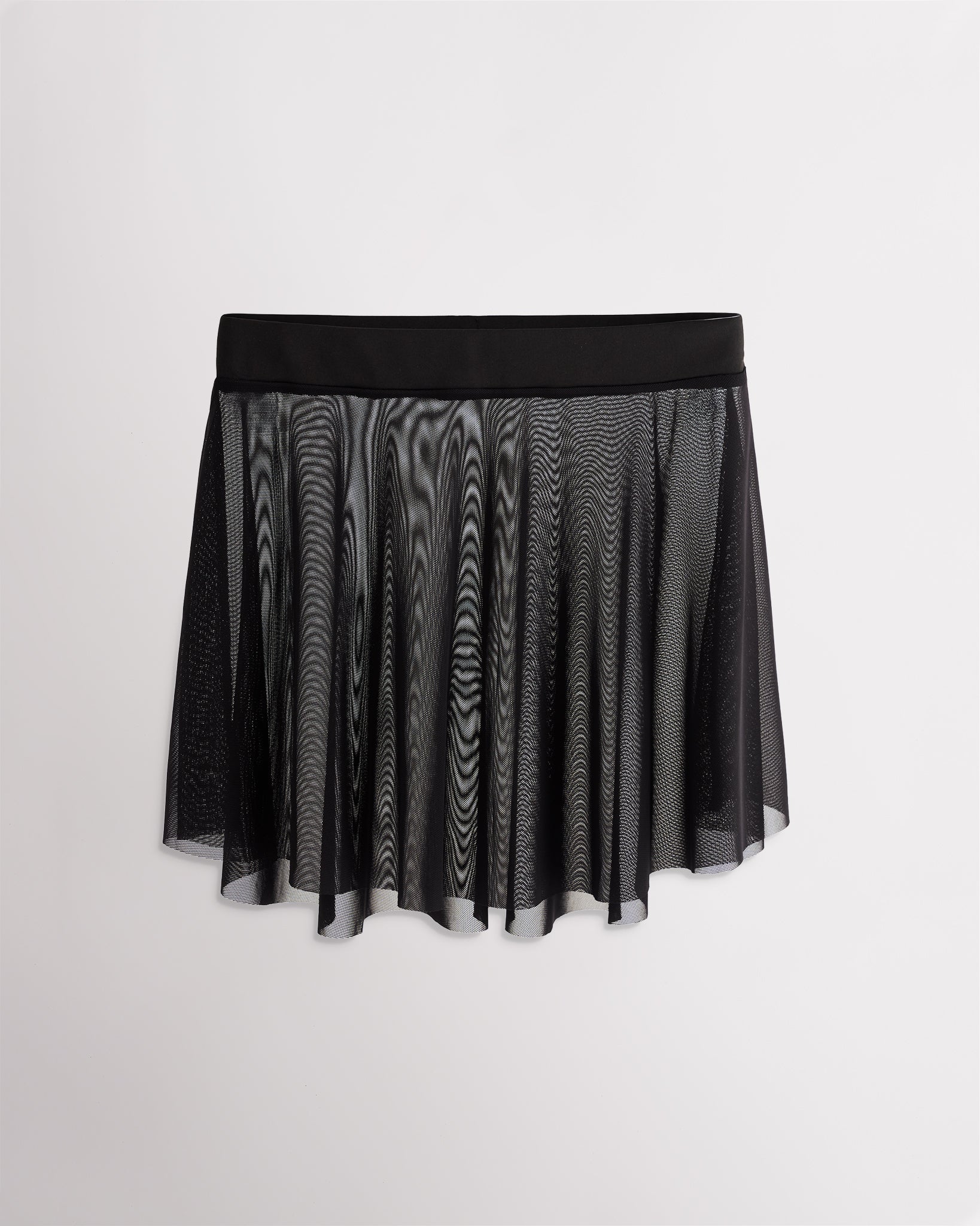 Black Studio Mesh Dance Skirt with elastic pull-on waistband, elegant flared silhouette, and high-low hem for ballet and dance.