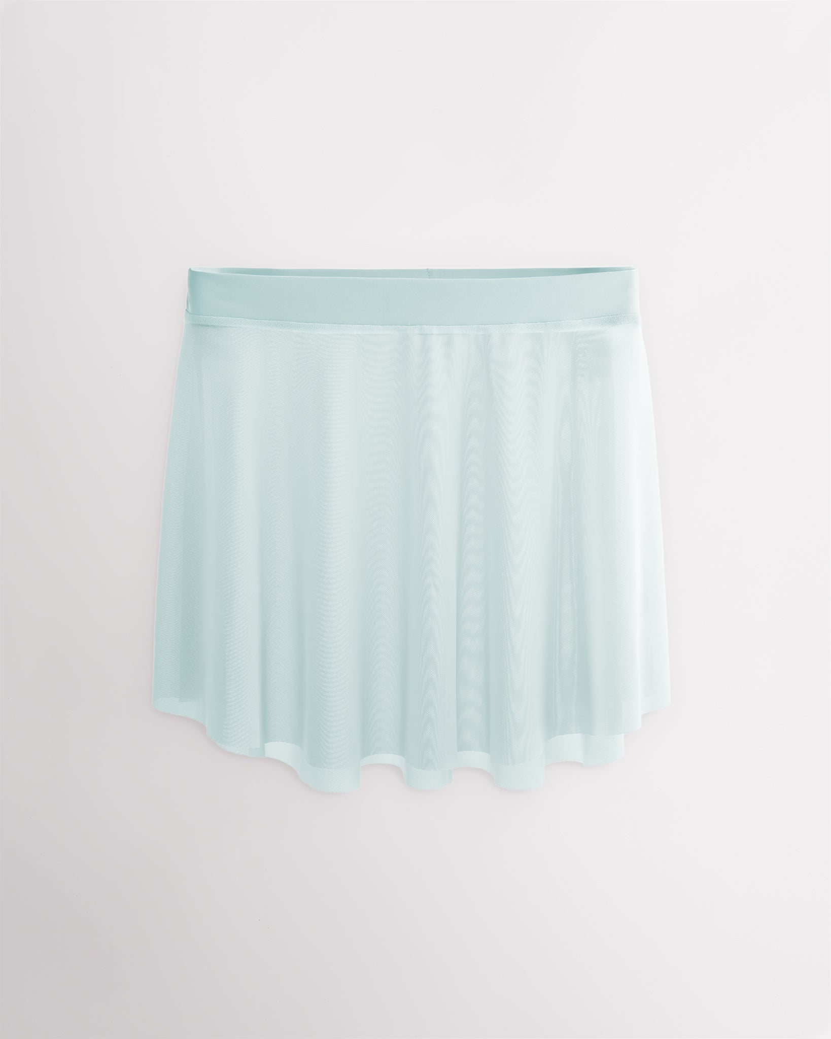 Light Blue Studio Mesh Dance Skirt with elastic pull-on waistband, elegant flared silhouette, and high-low hem for ballet and dance.