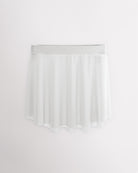 White Studio Mesh Dance Skirt with elastic pull-on waistband, elegant flared silhouette, and high-low hem for ballet and dance.