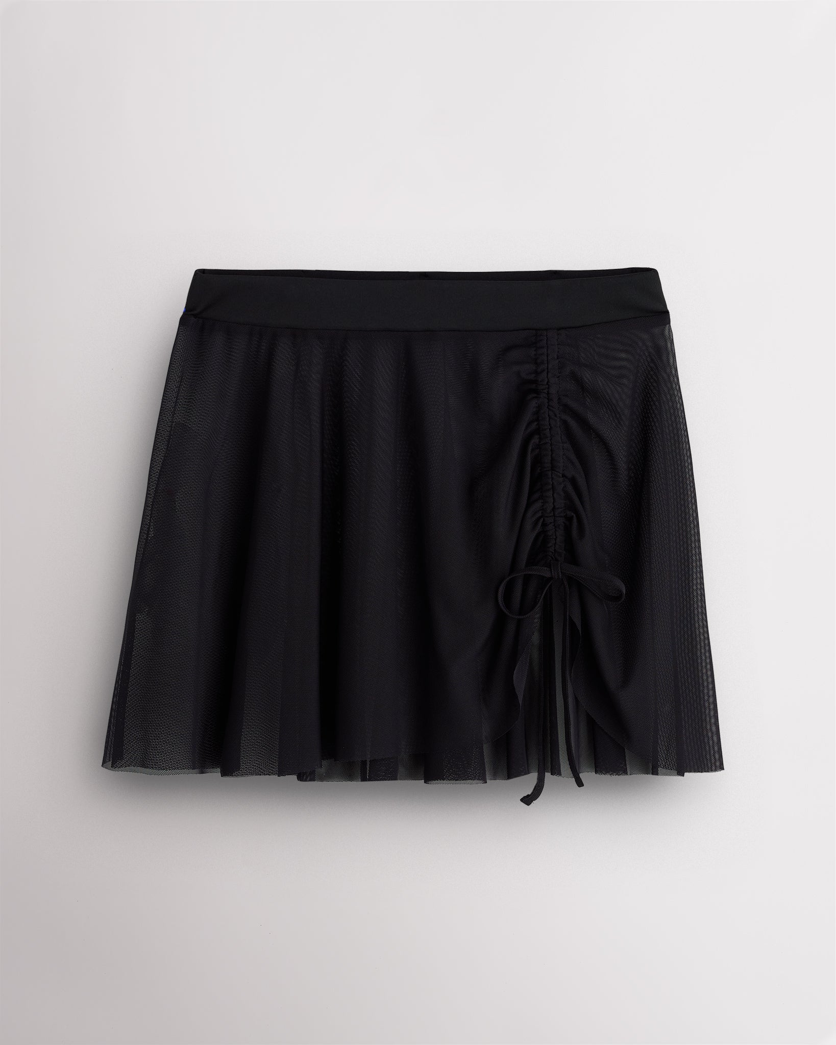 Black Stelle womens adjustable ruched mesh ballet skirt with asymmetrical drawstring detail.