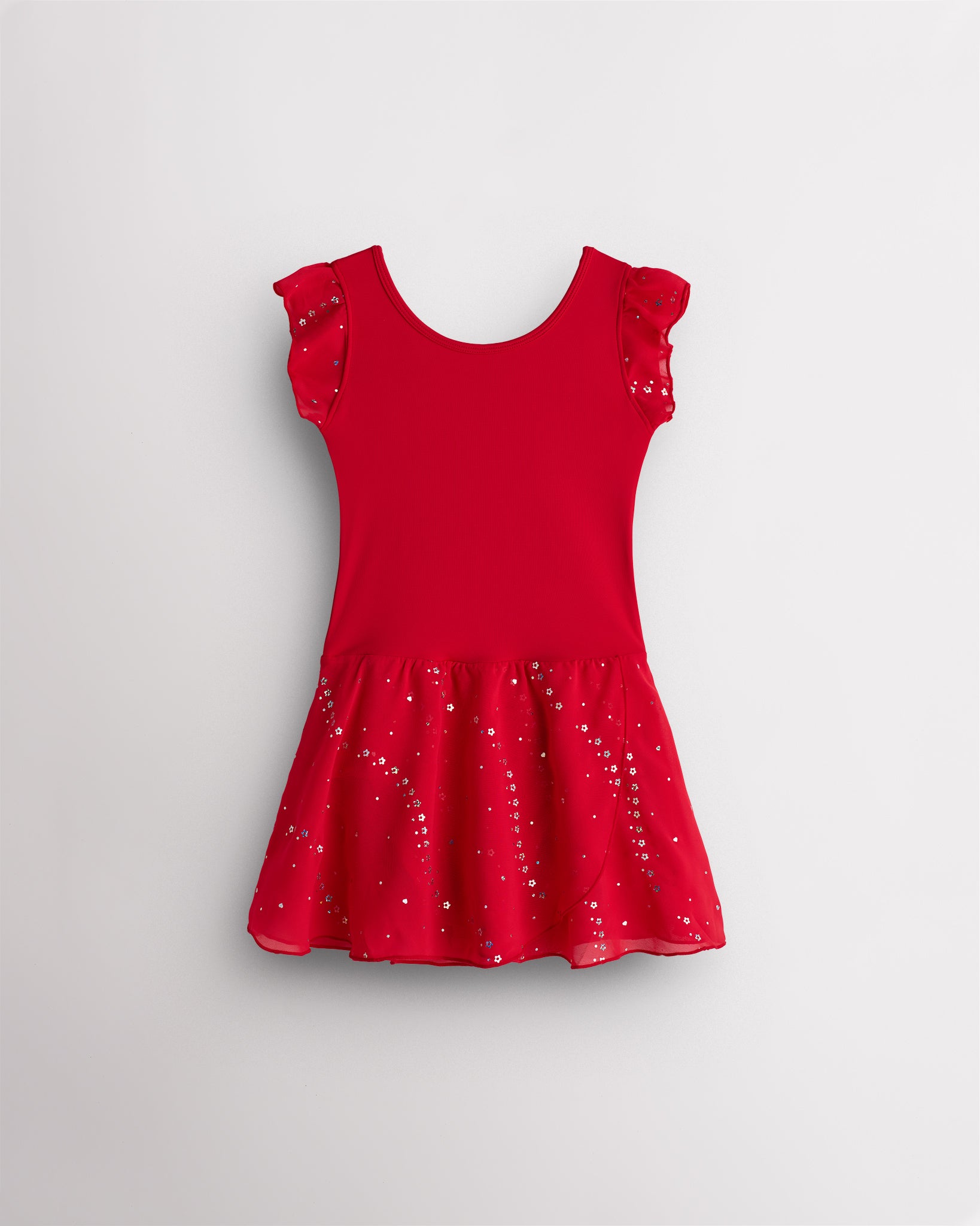 Red girls ballet dress with flutter chiffon sleeves, sequin skirt overlay, and classic crewneck for practice and performances.