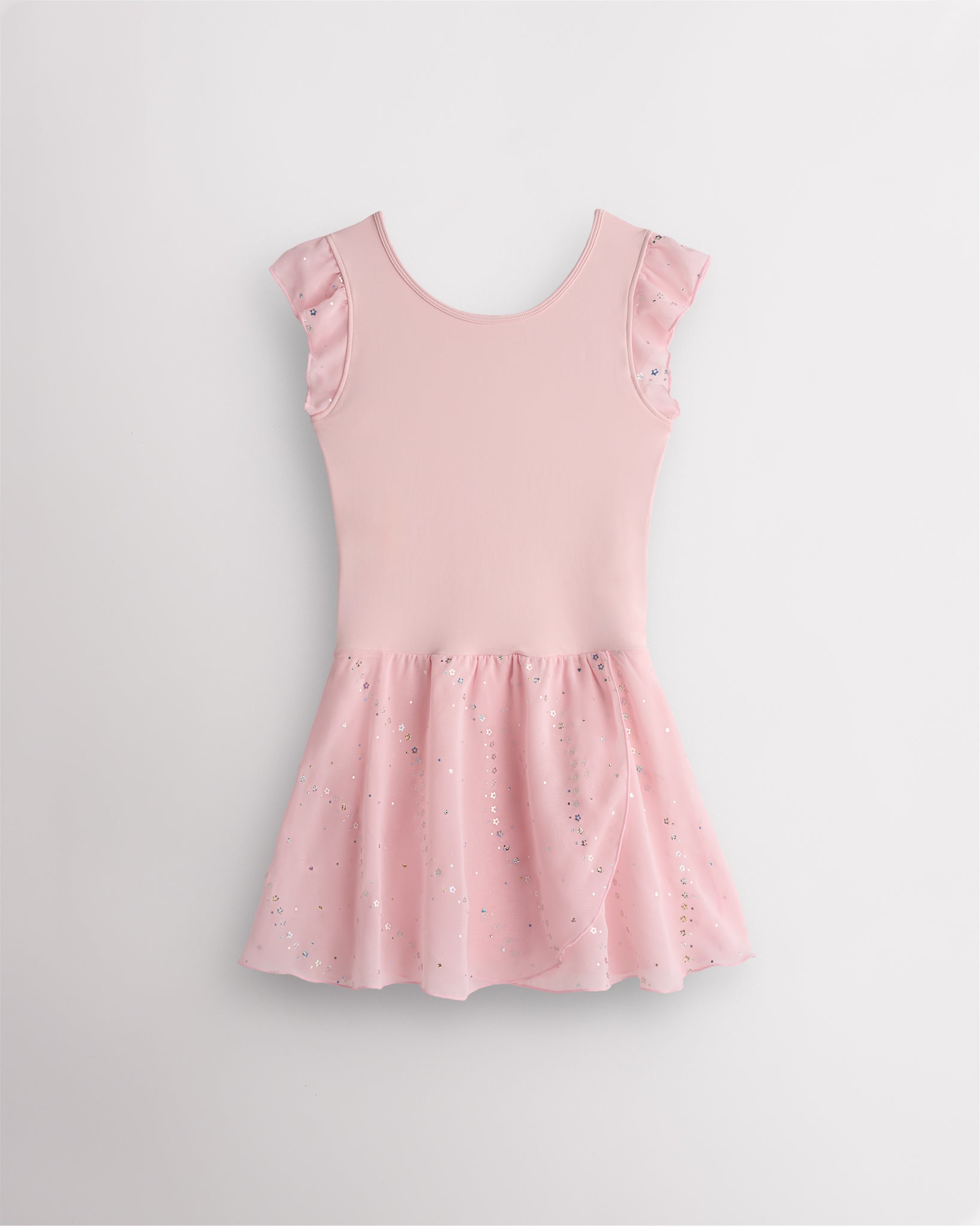 Ballet pink girls ballet dress with flutter chiffon sleeves, sequin skirt overlay, and classic crewneck for practice and performances.