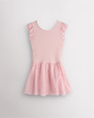 Ballet pink girls ballet dress with flutter chiffon sleeves, sequin skirt overlay, and classic crewneck for practice and performances.