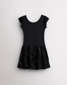 Black girls ballet dress with flutter chiffon sleeves, sequin skirt overlay, and classic crewneck for practice and performances.
