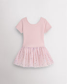 Ballet pink short sleeve girls dance dress with celestial sequin tutu skirt, crewneck bodice, and one-piece ballet design.