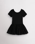 Black short sleeve girls dance dress with celestial sequin tutu skirt, crewneck bodice, and one-piece ballet design.