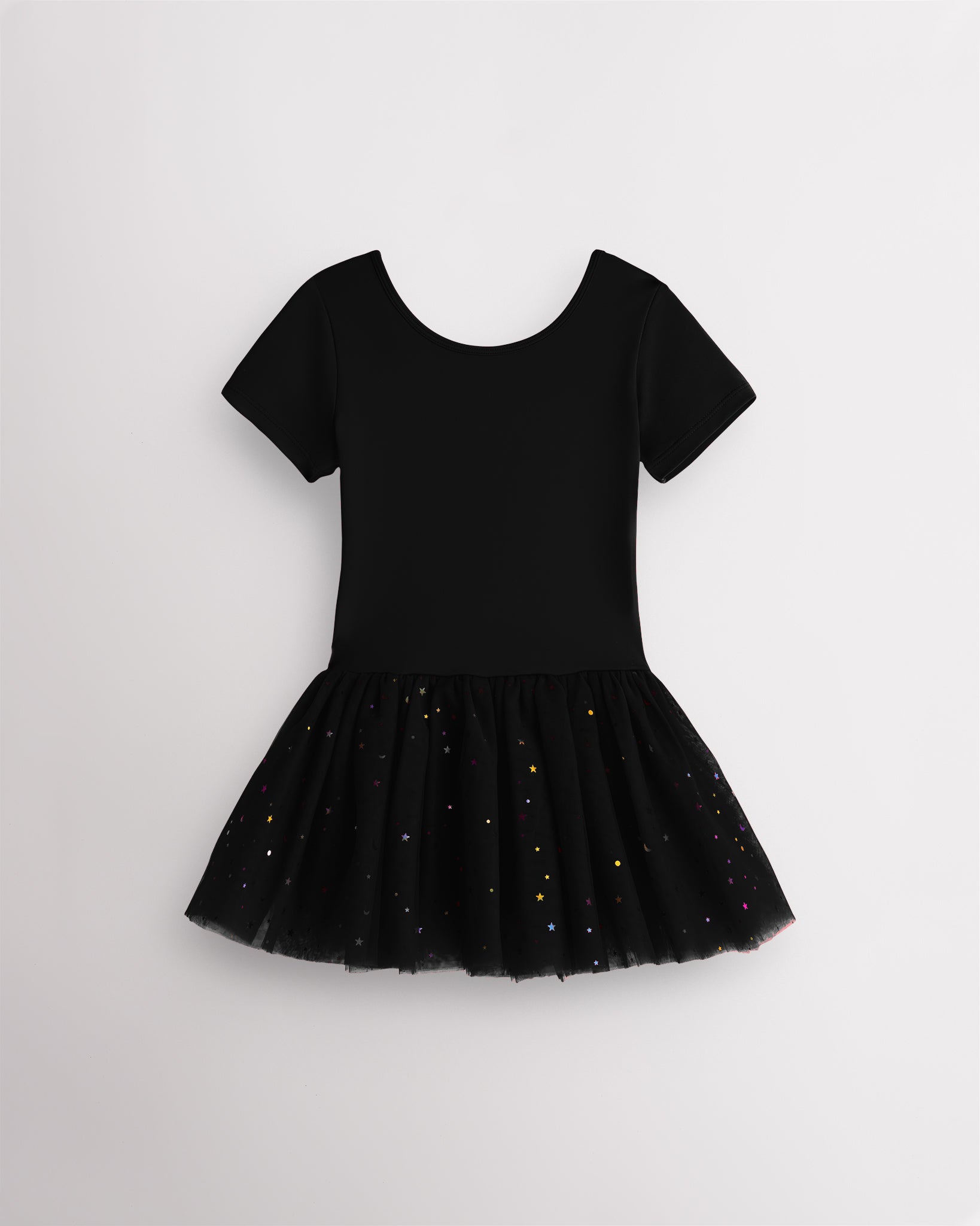 Black short sleeve girls dance dress with celestial sequin tutu skirt, crewneck bodice, and one-piece ballet design.