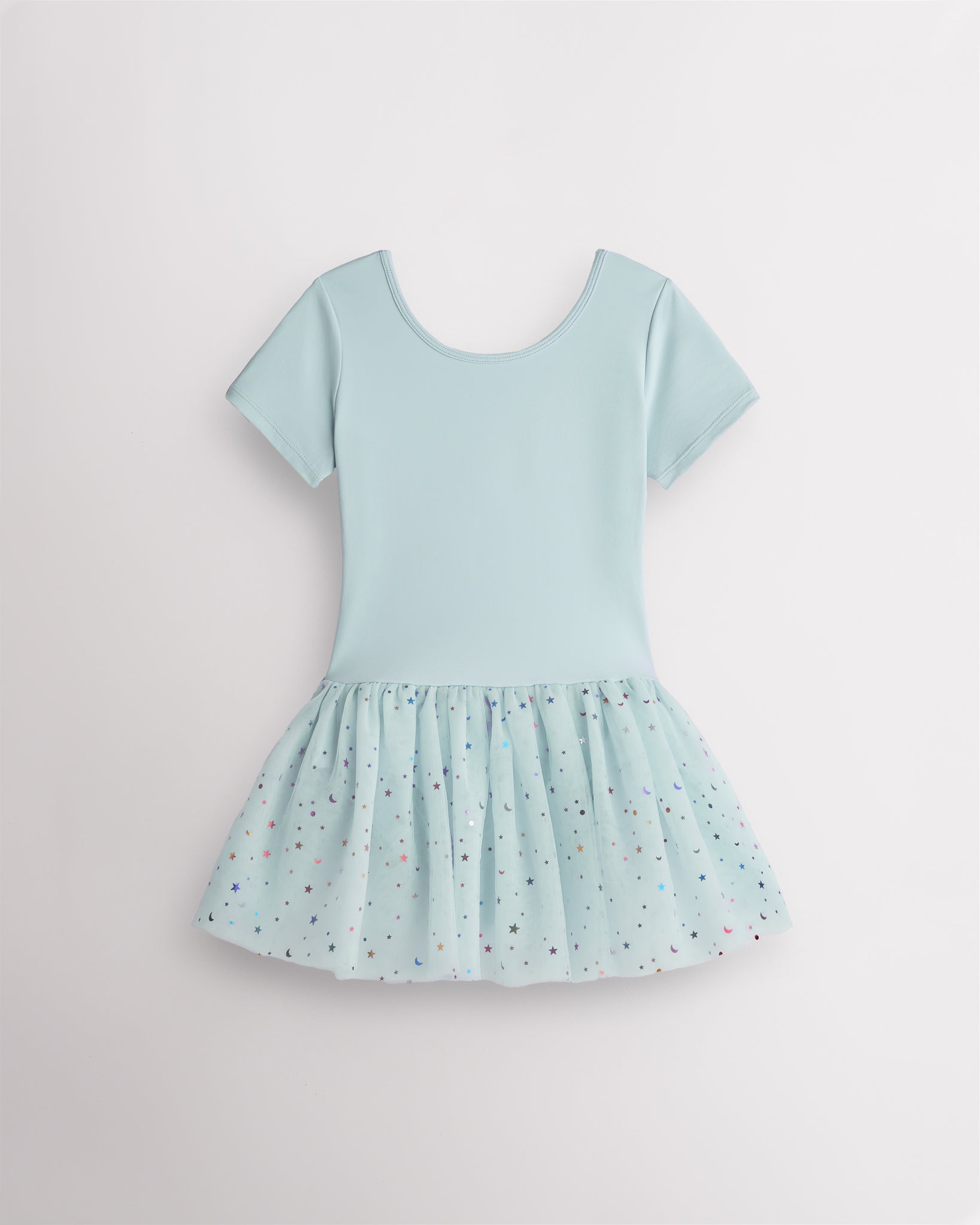 Blue short sleeve girls dance dress with celestial sequin tutu skirt, crewneck bodice, and one-piece ballet design.