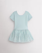 Blue short sleeve girls dance dress with celestial sequin tutu skirt, crewneck bodice, and one-piece ballet design.