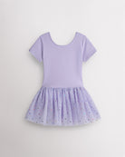 Lavender short sleeve girls dance dress with celestial sequin tutu skirt, crewneck bodice, and one-piece ballet design.