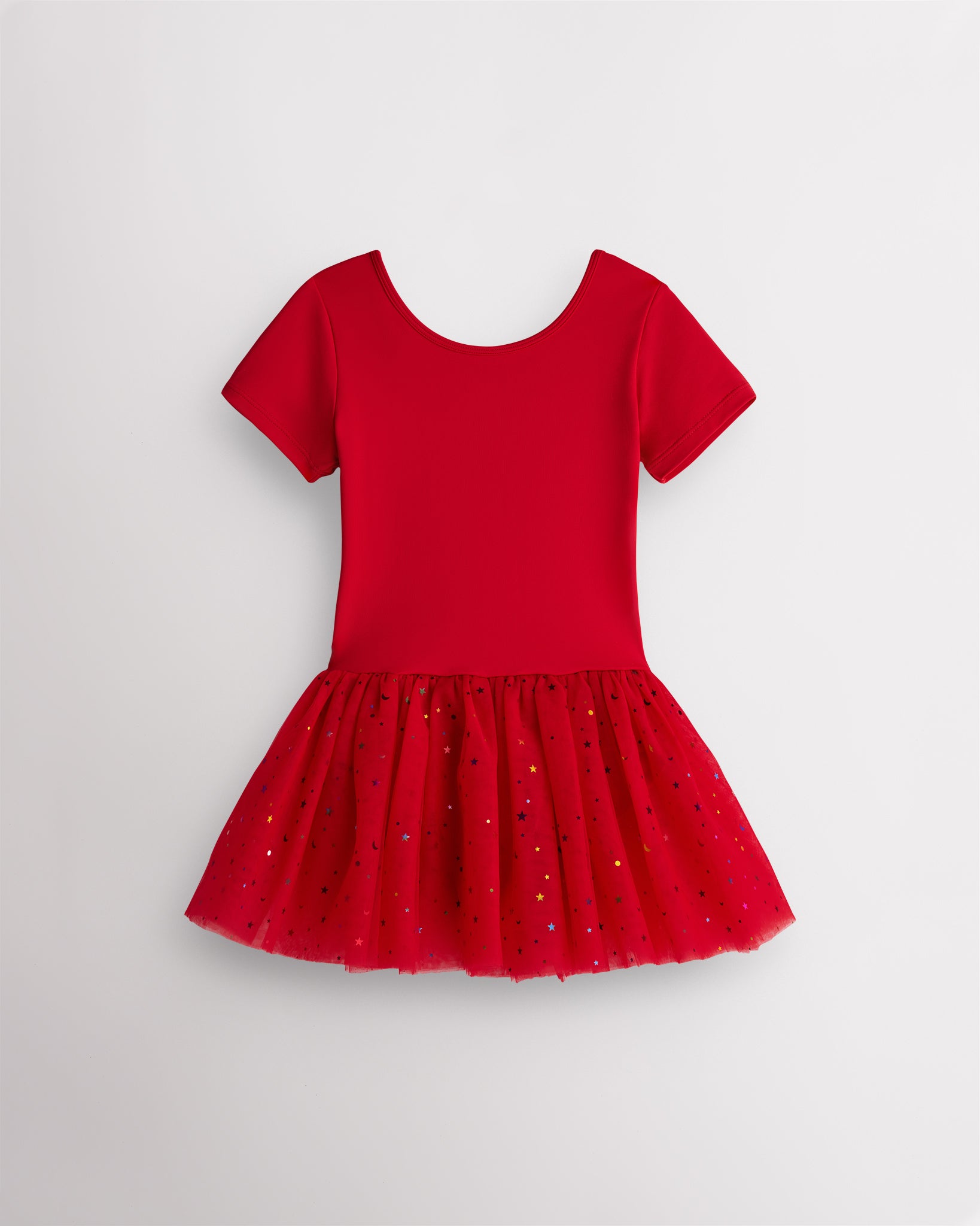 Red short sleeve girls dance dress with celestial sequin tutu skirt, crewneck bodice, and one-piece ballet design.