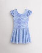 Cloudburst Purple girls printed sequin ballet dress laid flat with flutter sleeves, crewneck, fitted bodice, and layered chiffon skirt.