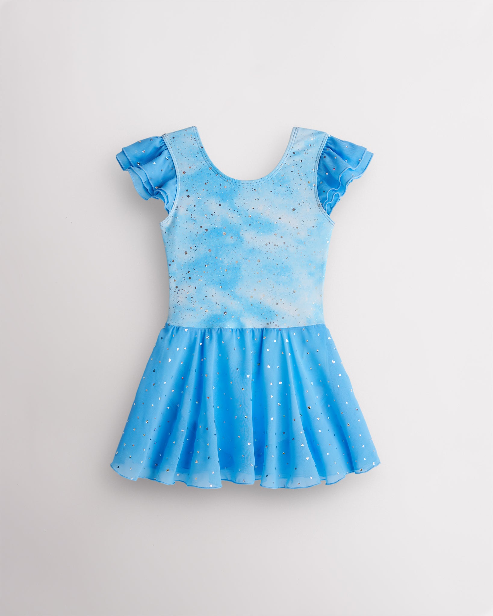 Cloudburst Blue printed sequin ballet dress for girls with flutter chiffon sleeves, classic crewneck, and a flowy skirt.
