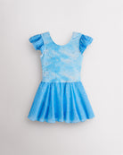 Cloudburst Blue printed sequin ballet dress for girls with flutter chiffon sleeves, classic crewneck, and a flowy skirt.
