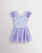 Magic Flutter printed sequin ballet dress for girls with flutter chiffon sleeves, classic crewneck, and a flowy skirt.