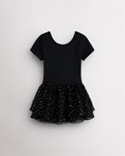 Black girls performance sequin ballet dress with short sleeves, classic crewneck, and chiffon skirt with heart-shaped sequins.