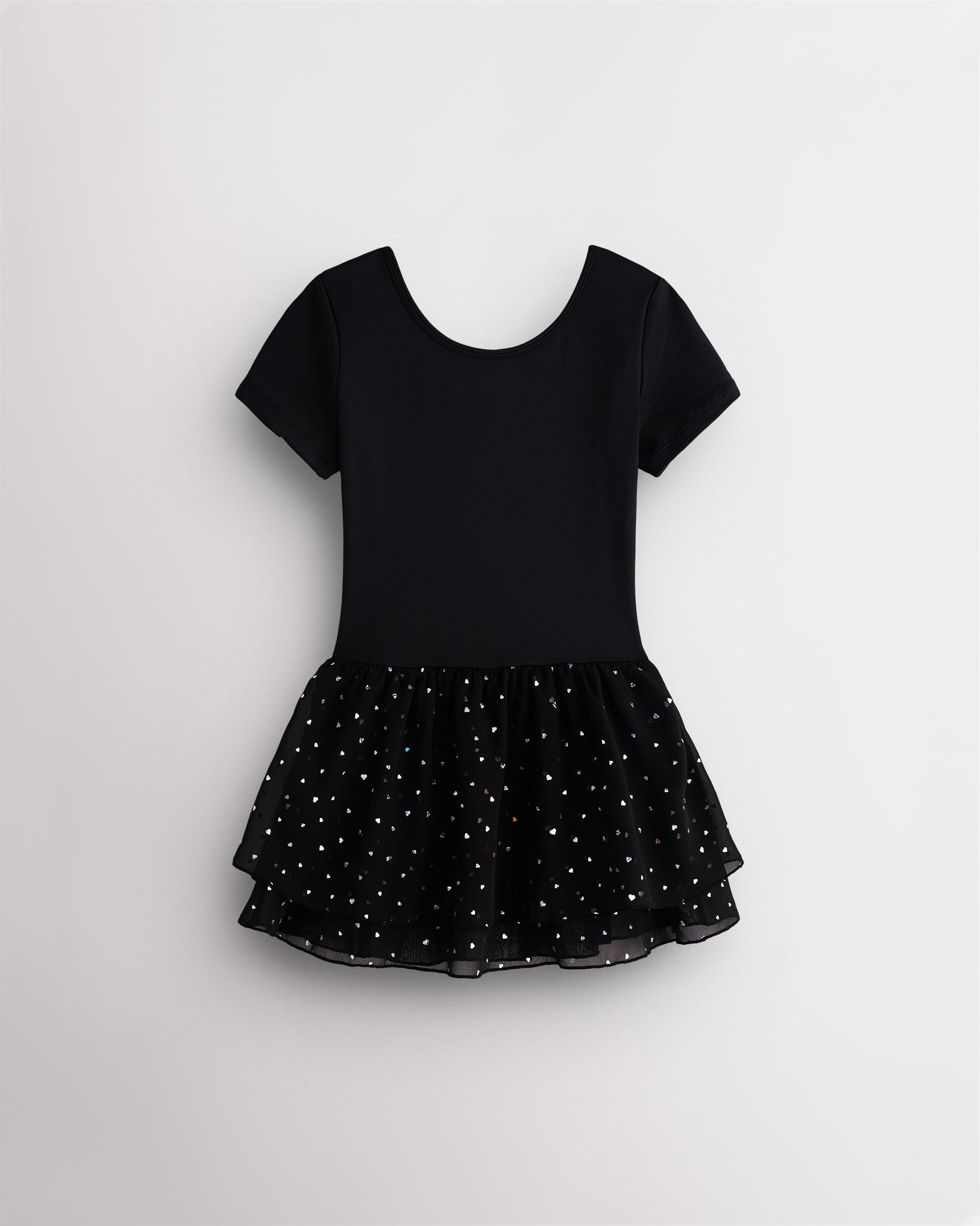 Black girls performance sequin ballet dress with short sleeves, classic crewneck, and chiffon skirt with heart-shaped sequins.