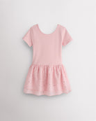 Ballet pink girls performance sequin ballet dress with short sleeves, classic crewneck, and chiffon skirt with heart-shaped sequins.