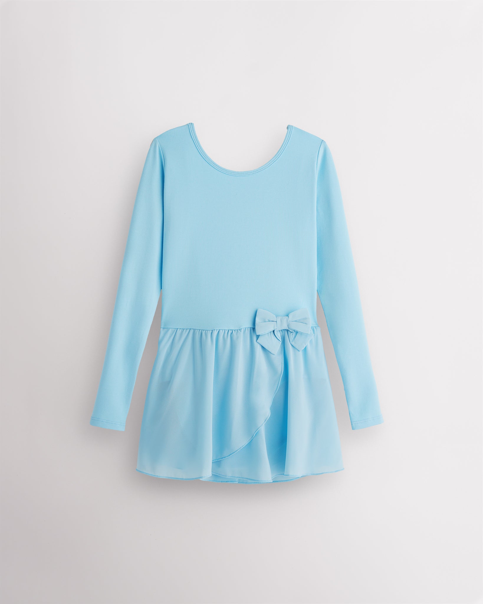 Blue girls long sleeve dance dress laid flat with crew neckline, attached chiffon wrap skirt, and bow detail.