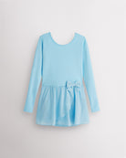 Blue girls long sleeve dance dress laid flat with crew neckline, attached chiffon wrap skirt, and bow detail.