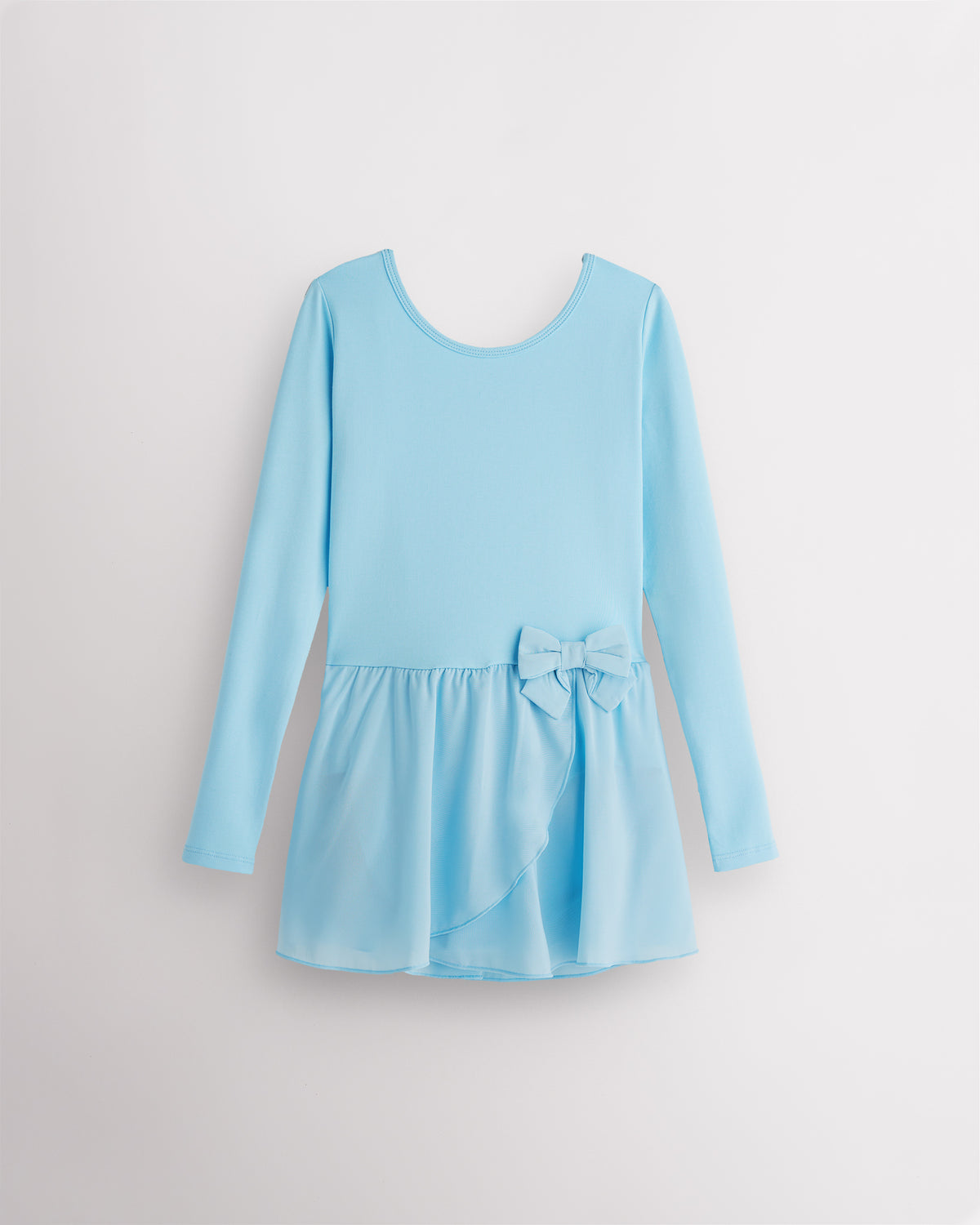 Blue girls long sleeve dance dress laid flat with crew neckline, attached chiffon wrap skirt, and bow detail.