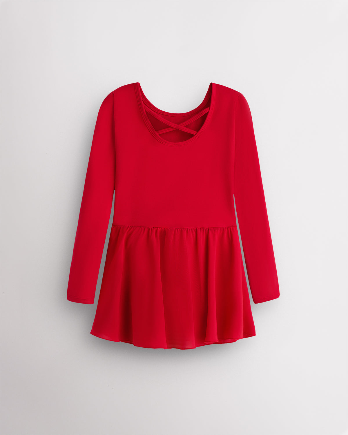 Back view of red girls ballet dress laid flat showing the crisscross back, long sleeves, and attached chiffon wrap skirt.
