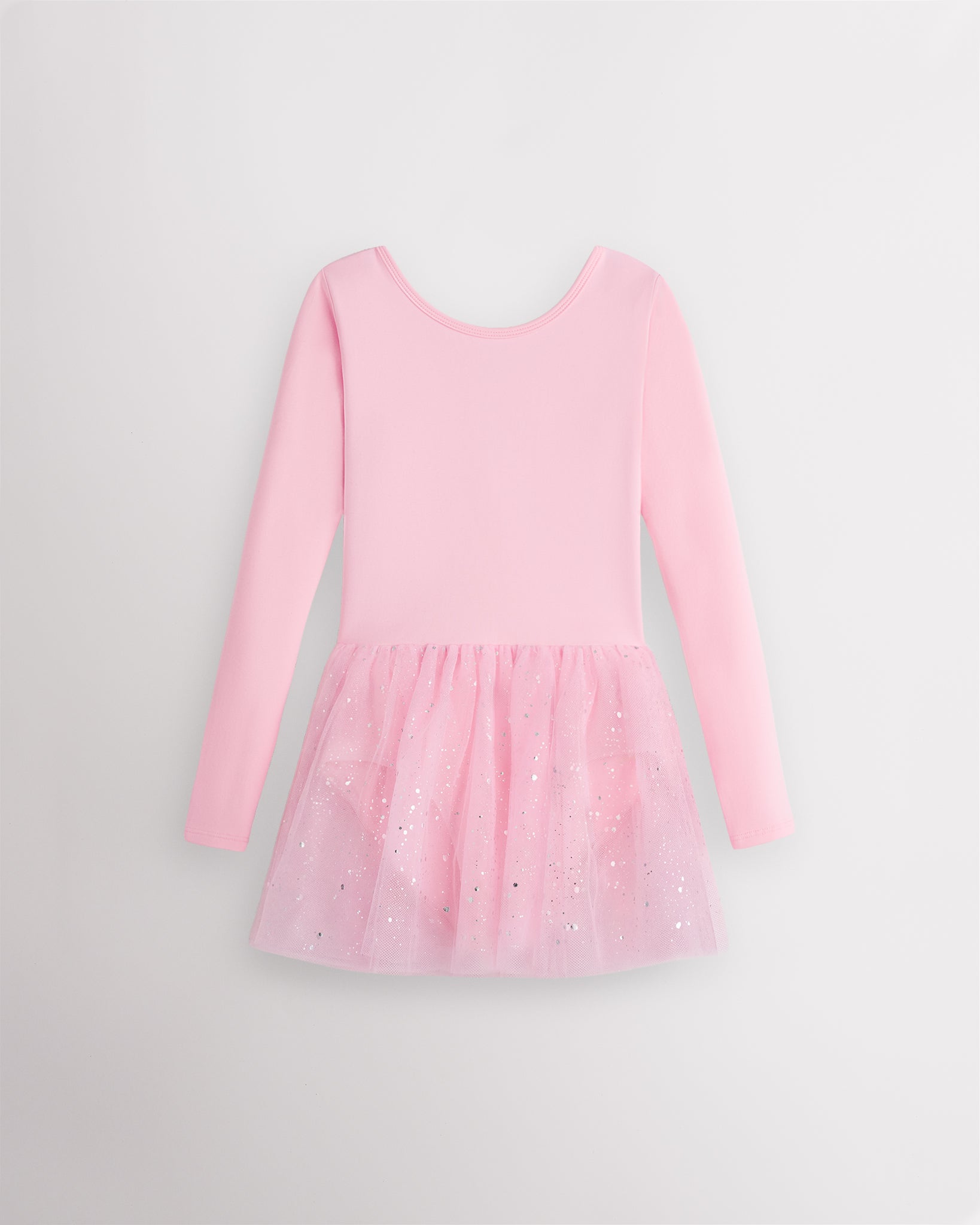 Ballet Pink girls long sleeve ballet dress with round neckline, built-in leotard, attached mesh skirt, and front lining.