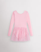 Ballet Pink girls long sleeve ballet dress with round neckline, built-in leotard, attached mesh skirt, and front lining.