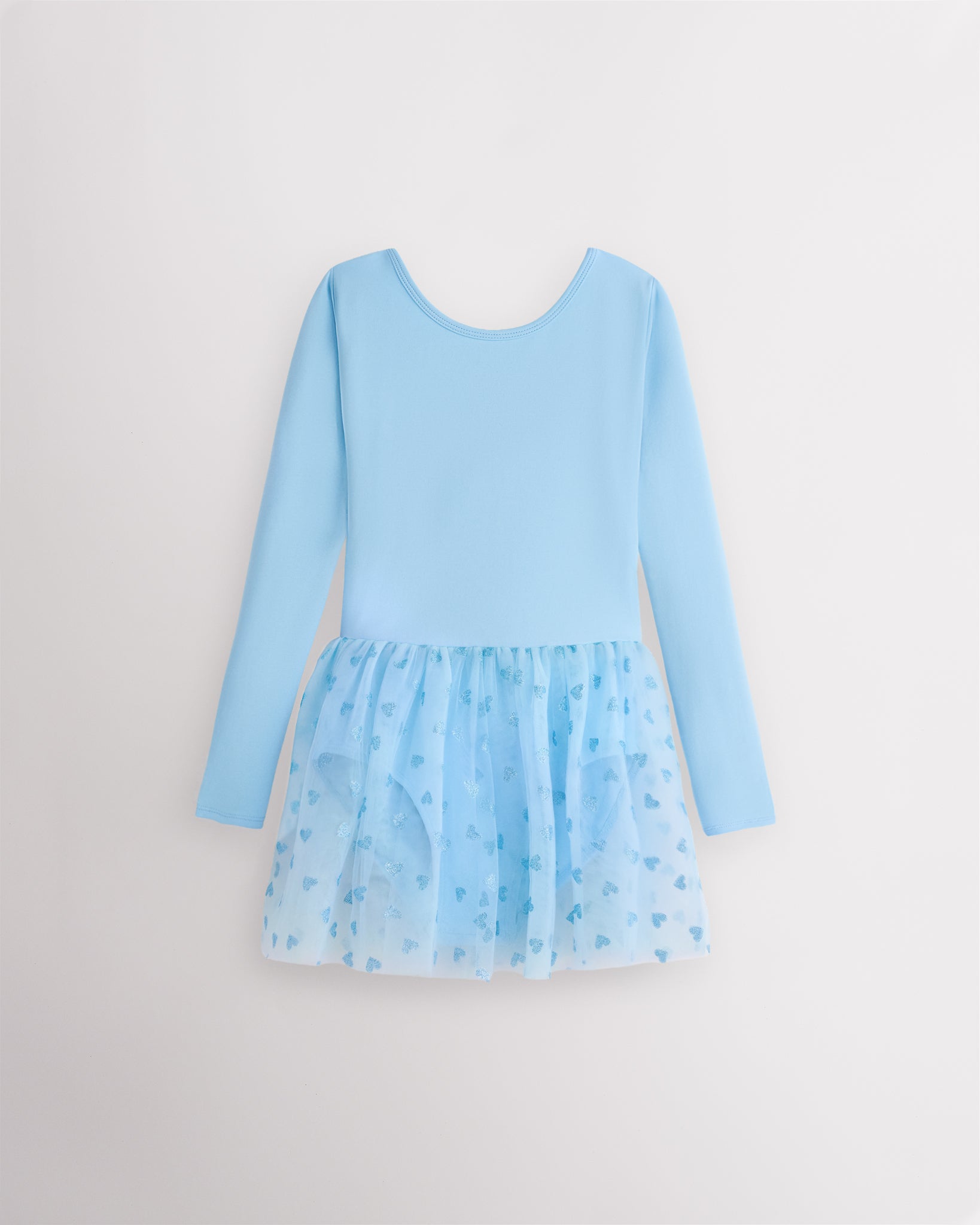 Blue girls long sleeve ballet dress with round neckline, built-in leotard, attached mesh skirt, and front lining.