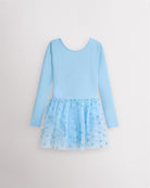 Blue girls long sleeve ballet dress with round neckline, built-in leotard, attached mesh skirt, and front lining.