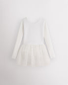 White girls long sleeve ballet dress with round neckline, built-in leotard, attached mesh skirt, and front lining.