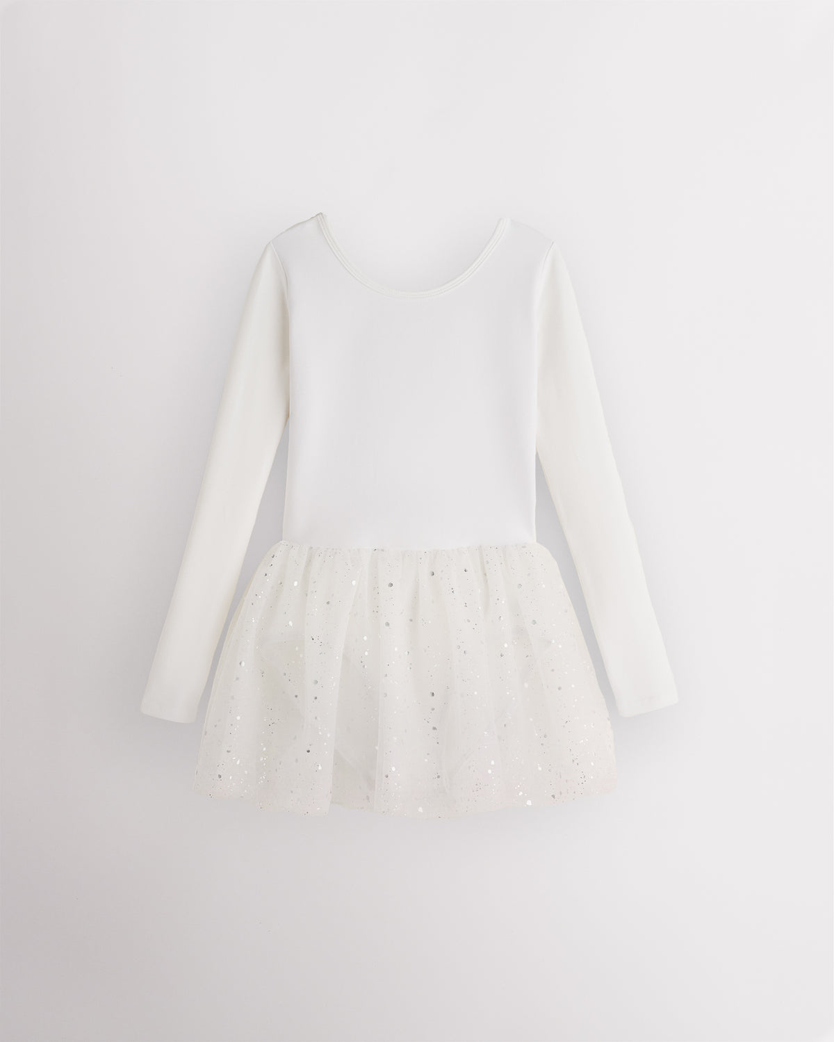 White girls long sleeve ballet dress with round neckline, built-in leotard, attached mesh skirt, and front lining.