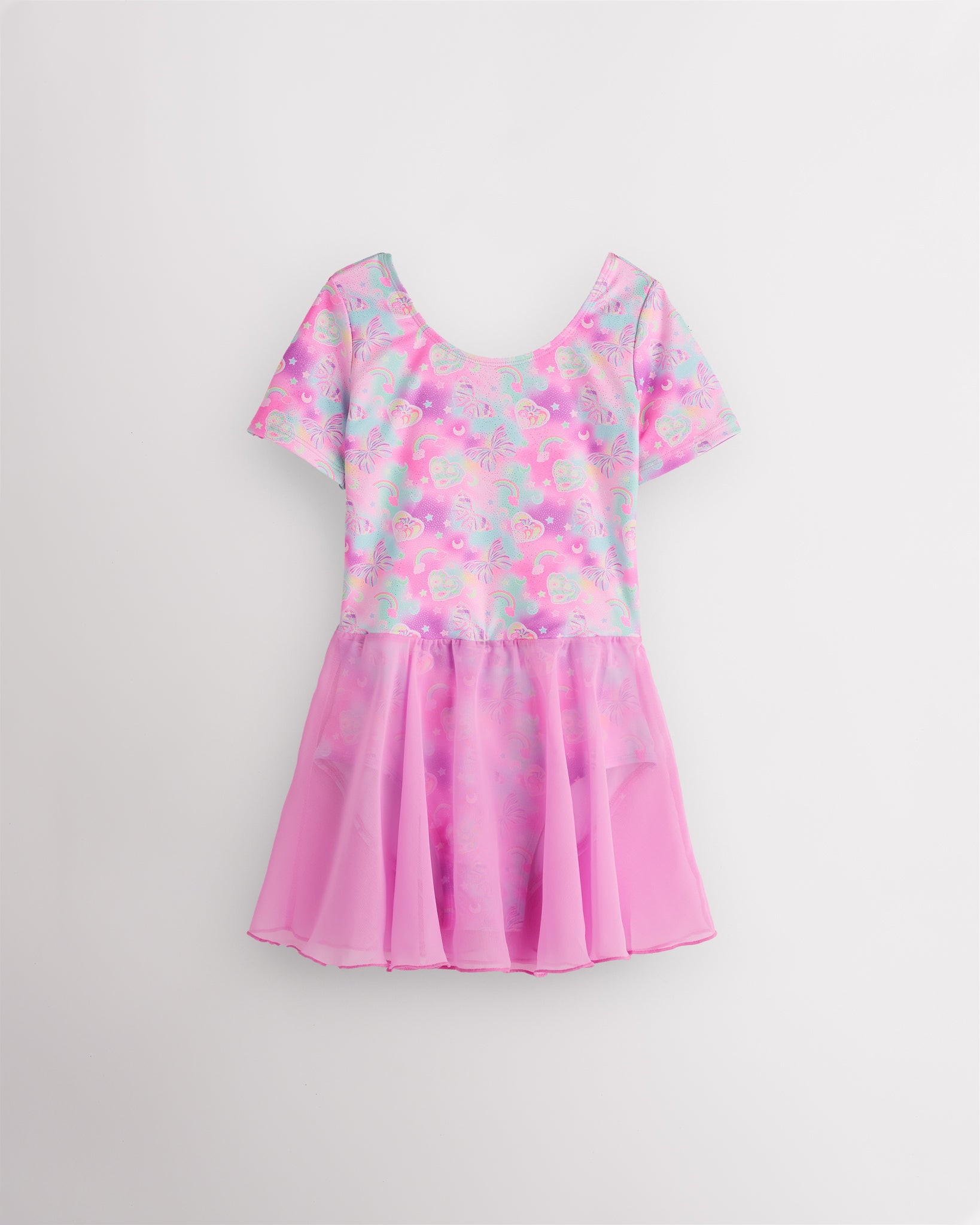 Bow Dreams girls short sleeve ballet dress with shimmering pink print, round neckline, fitted bodice, and attached lightweight skirt.