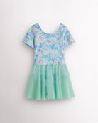 Butterfly Mist girls ballet dress with short sleeves, round neckline, shimmering all-over print, attached lightweight skirt, and lined bodice.