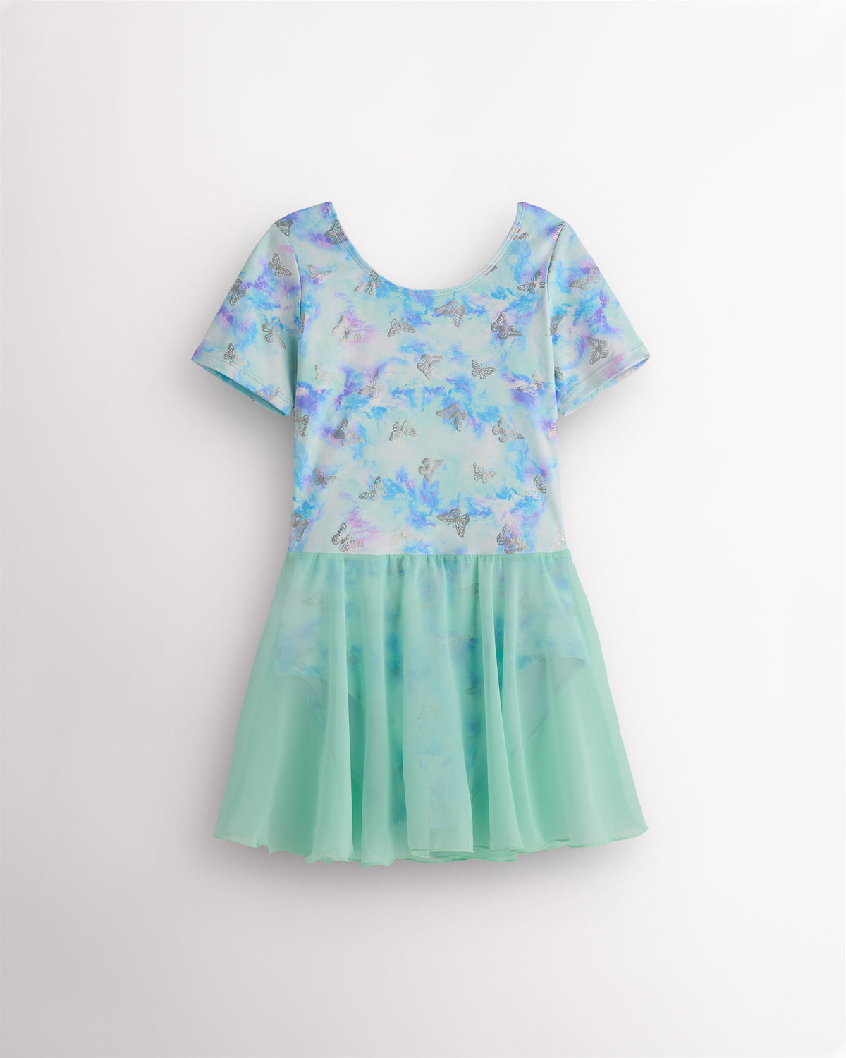 Butterfly Mist girls ballet dress with short sleeves, round neckline, shimmering all-over print, attached lightweight skirt, and lined bodice.