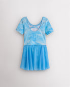 Back view of Cloudburst Blue dance ballet dress with crisscross back detail, short sleeves, and attached skirt.