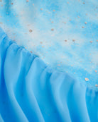 Close-up of Cloudburst Blue ballet dress showing shimmering printed bodice and gathered lightweight skirt.