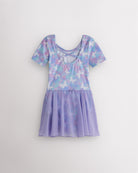 Back view of Magic Flutter dance ballet dress with crisscross back detail, butterfly print, and lavender skirt.