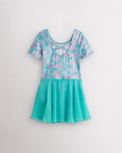 Back view of Mermaid Sparkle dance ballet dress with crisscross back detail and turquoise lightweight skirt.