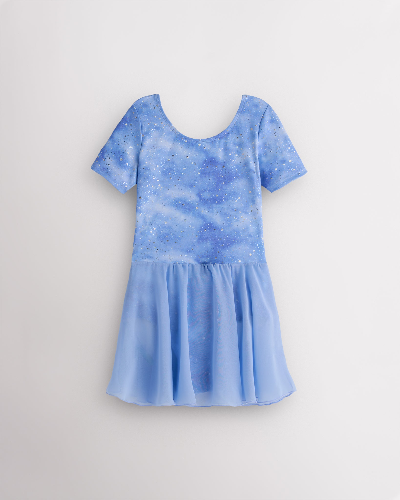 Cloudburst Purple girls short sleeve ballet dress with shimmering purple-blue print, round neckline, and attached skirt.