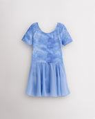 Cloudburst Purple girls short sleeve ballet dress with shimmering purple-blue print, round neckline, and attached skirt.