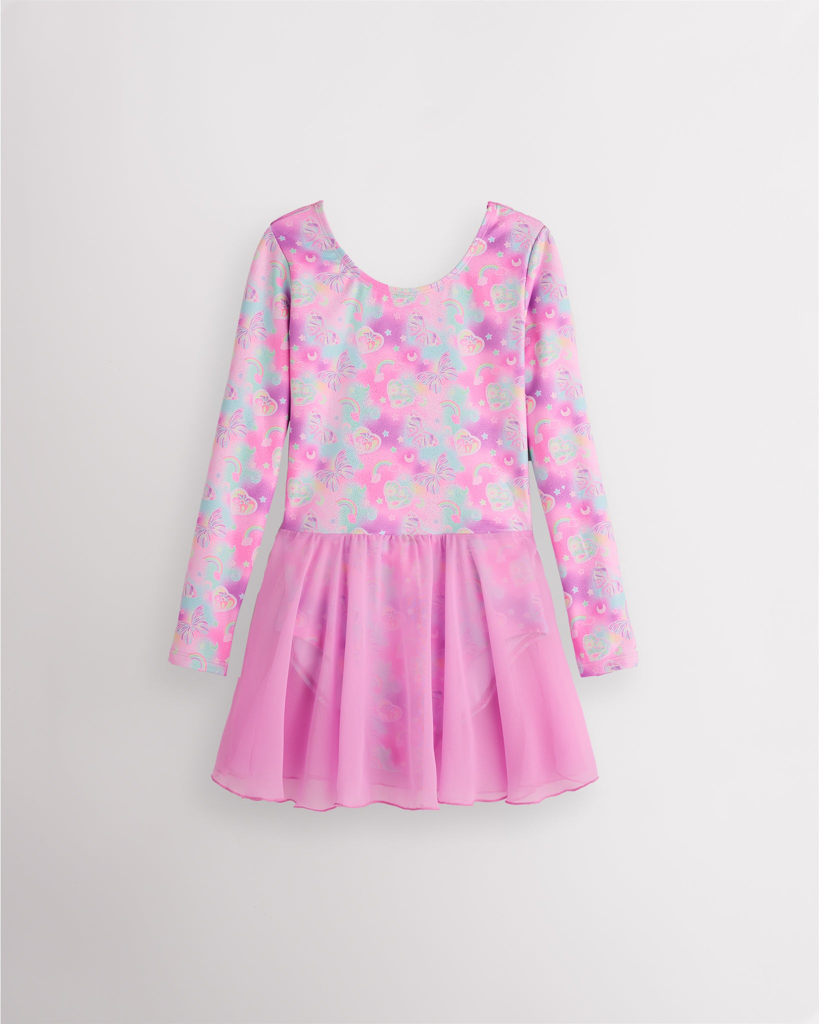 Bow Dreams girls long sleeve ballet dress with shimmering butterfly print, round neckline, fitted bodice, and attached lavender lightweight skirt.