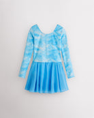Cloudburst Blue girls long sleeve ballet dress with shimmering butterfly print, round neckline, fitted bodice, and attached lavender lightweight skirt.